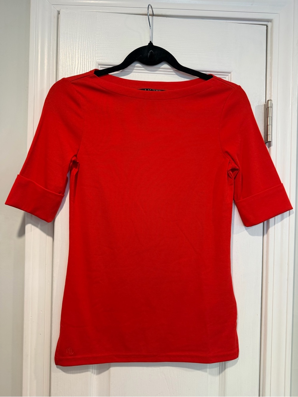 NWOT LRL Lauren Ralph Lauren Size M Red Boat Neck Cuffed Sleeve Top Cotton